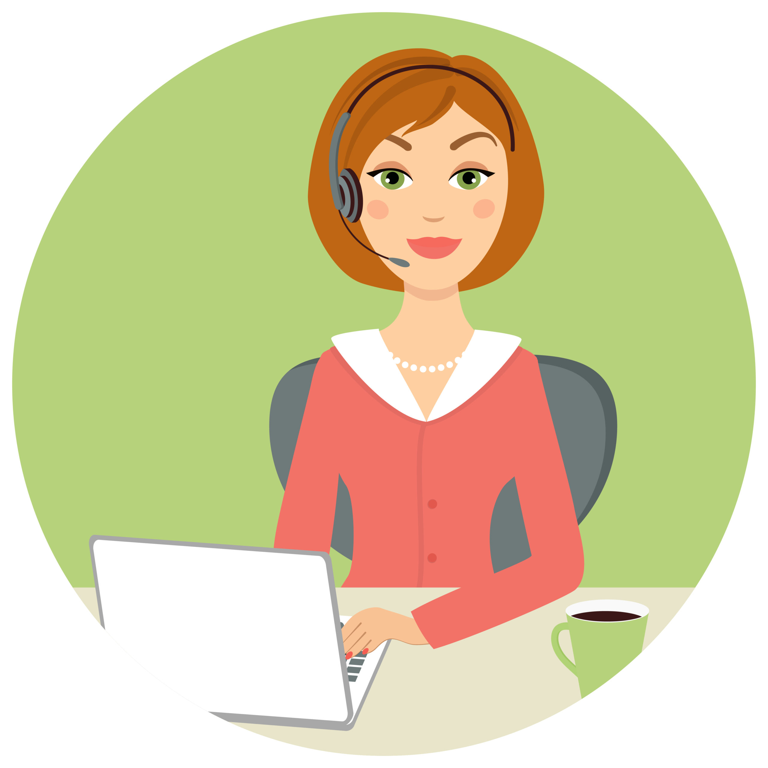 Beautiful call center woman with laptop and headset, vector eps10 illustration