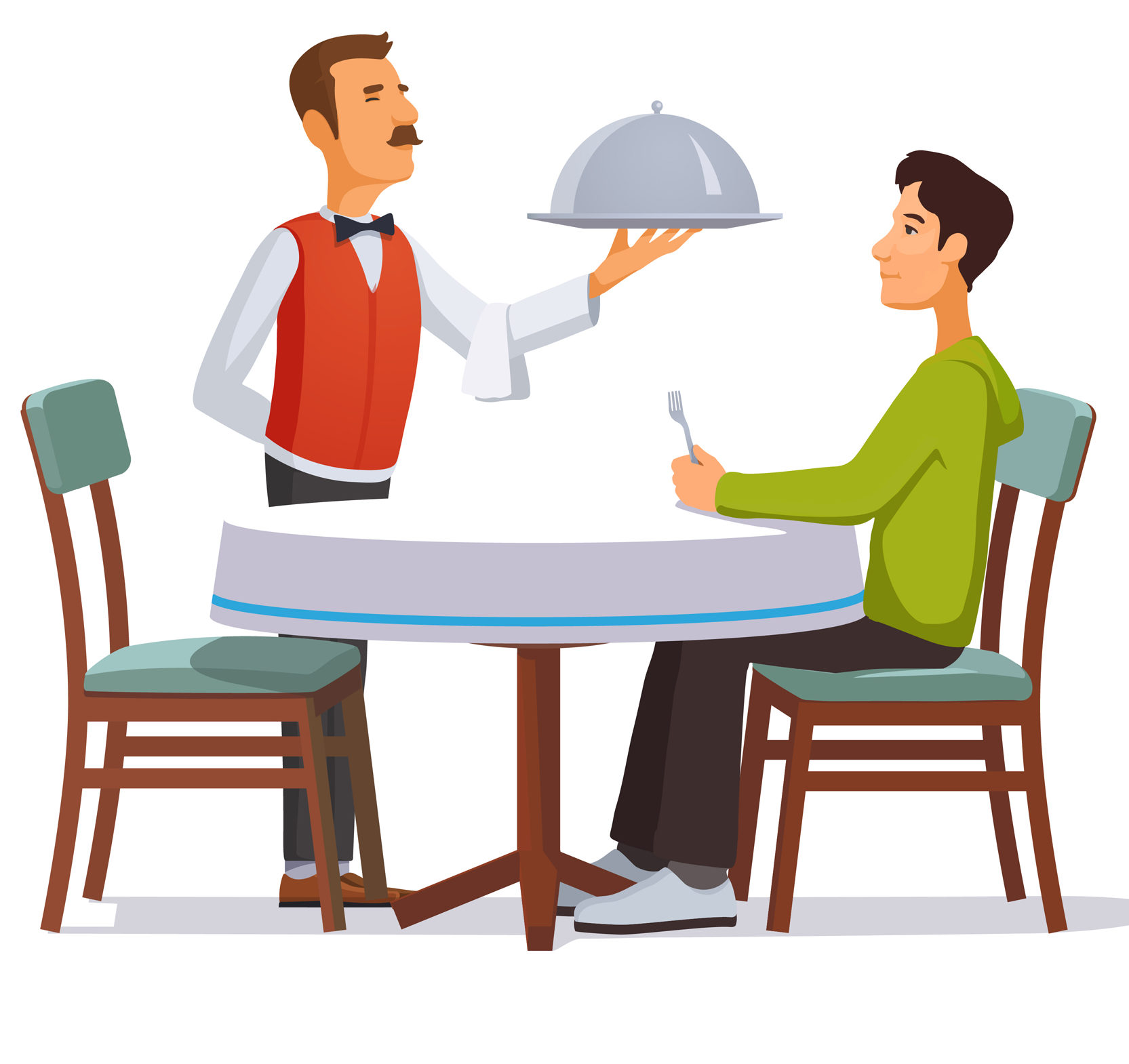 Waiter serving a silver dish with lid to a customer. Flat style illustration or icon. EPS 10 vector.