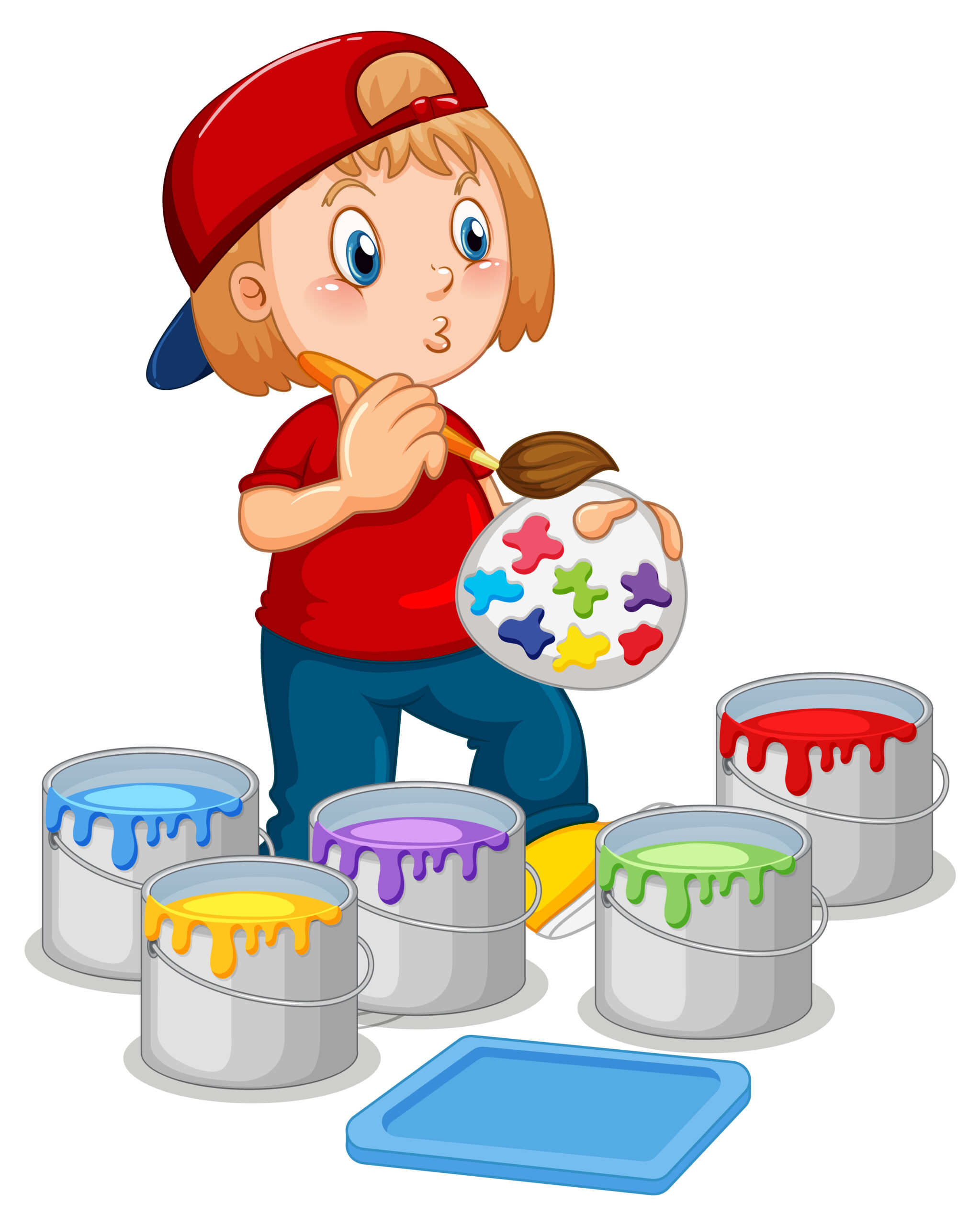 Little girl with buckets of paints illustration